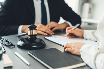 Lawyer signing contract, professional lawyer in law firm office drafting legal document or contract...