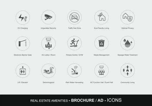 Real Estate Amenities Icons, Illustration Vector, Home Icons, 
Home Concept, EV Charging, Security Camera, Vehicle free zone, Swimming pool, Elevator, Electronic Barrier Gate, Fitness Centre, Gym