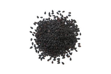 Pile of black sesame seeds isolated on white background , top view , flat lay.