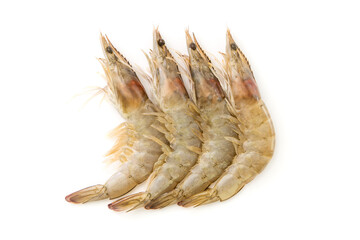 Group fresh shrimp isolated on white background ,top view ,flat lay.