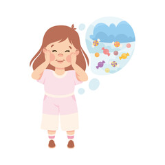 Little Girl Imagining Sweets and Candy in Bubble Having Fantasy Vector Illustration