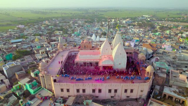 Aerial view of Holi festival celebration near Shri Nand Baba Temple, Nandgaon, Uttar Pradesh, India.