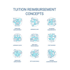 Fototapeta premium Tuition reimbursement turquoise concept icons set. Employee benefit. Financial aid. Student loan. Education assistance idea thin line color illustrations. Isolated symbols. Editable stroke