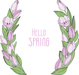Hand drawn vector floral frame with pink flowers tulips, branch and leaves. Elegant logo template.