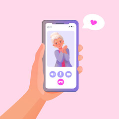 Video call with grandma. Human hand hold device with people on screen. Vector cartoon drawing illustration