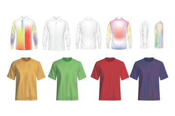 T-shirt mockup set on white background, front, side, back and perspective view. Vector eps10 illustration. colorful t shirts Realistic t-shirt and shirt. White mockup isolated template, 3D blank male 
