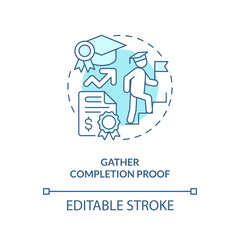 Gather completion proof turquoise concept icon. Evidence document. Accomplishment tuition. Course completion abstract idea thin line illustration. Isolated outline drawing. Editable stroke