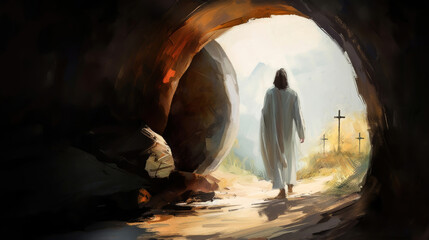 A stone door opens to reveal the resurrected Jesus Christ from the tomb and a cross symbolizing death and Easter background concept. Generative AI
