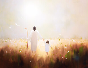 Illustration of a happy child walking in a peaceful beautiful flower field with Jesus Christ, oil painting on canvas, Generative AI
