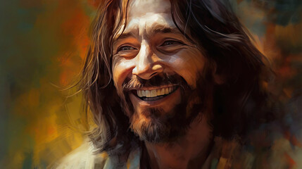 Illustration painting of smiling happy Jesus Christ with bright expression, painted on canvas oil painting, Generative AI
