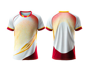 Mock up white jersey with red, brown and yellow pattern and chest shape, isolated for object and retouch design on transparent background. Generative AI.