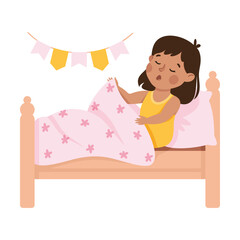 Little Girl Yawning in Her Bed Under Blanket Having Night Rest Vector Illustration