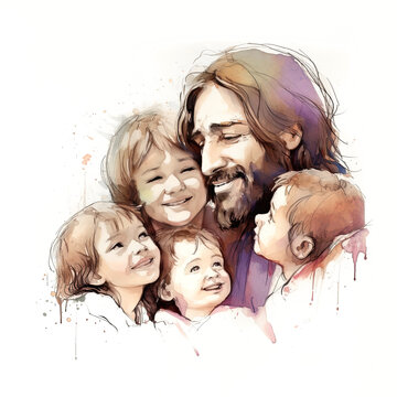 Illustration of happy Jesus Christ smiling with adorable cute children in his arms. Generative AI
