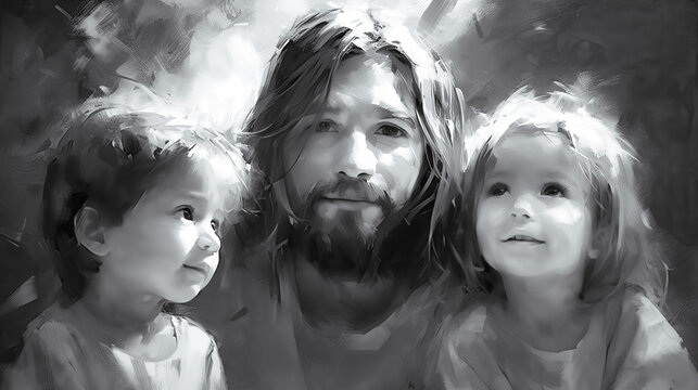 Illustration of happy Jesus Christ smiling with adorable cute children in his arms. Generative AI
