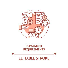 Repayment requirements red concept icon. Tuition assistance. Pay back. Income tax. Tuition reimbursement. Student aid abstract idea thin line illustration. Isolated outline drawing. Editable stroke