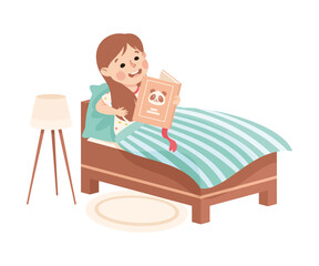 Little Girl in Her Bed Reading Book Under Blanket Having Night Rest Vector Illustration