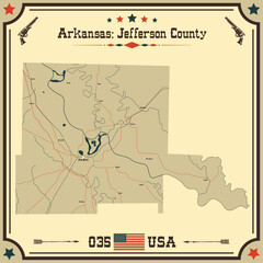 Large and accurate map of Jefferson County, Arkansas, USA with vintage colors.