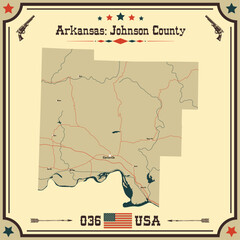 Large and accurate map of Johnson County, Arkansas, USA with vintage colors.