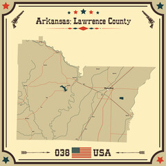 Large and accurate map of Lawrence County, Arkansas, USA with vintage colors.