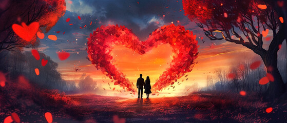 A beautiful romantic sunset heart made of red flower petals with a silhouette of a couple together. An illustration of love (generative AI)