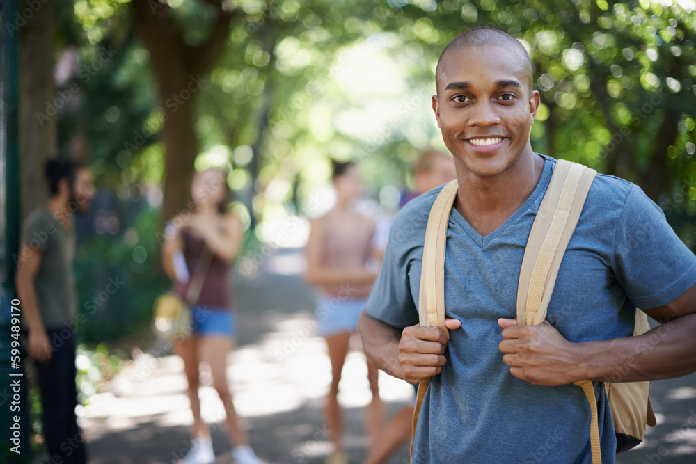 Poster Man, student and portrait with backpack by a campus park with a smile and ready for study. Happiness, young and African male face in college and university outdoor with education and school bag