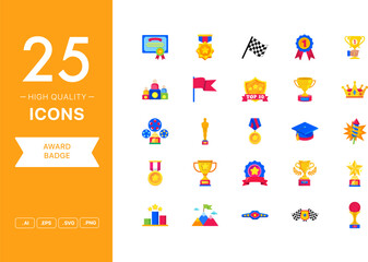 Vector set of Achievement Badge icons. The collection comprises 25 vector icons for mobile applications and websites.
