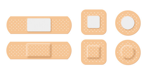 Adhesive bandage set of rectangle, square and round shapes vector illustration. 3d realistic elastic band aid, back and front view of beige plaster for emergency medical care isolated on white