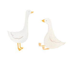 Beautiful stock illustration with hand drawn watercolor cute little goose birds. Clip art. - 599489349