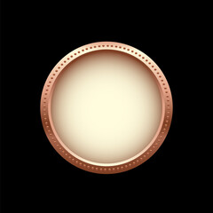 Bronze coin vector illustration. 3d realistic brass money cash or treasure sign, isolated shiny medal or premium game prize, front view of metal medallion with round border frame on black background