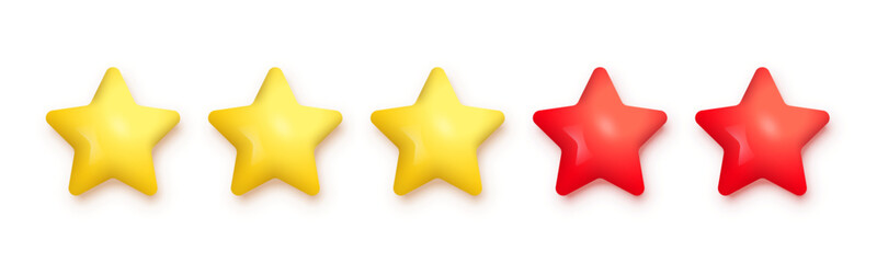 Five stars customer review vector illustration. Realistic 3d three gold and two red rating stars of quality evaluation for products, feedback or survey service, website design isolated on white