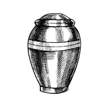 Hand drawn sketch of burial urn with ashes. Funeral service vector hand drawn design. Sketch illustration for condolence card. Last farewell for dead person