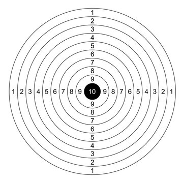 Blank paper round target template with shooting range numbers. Vector circle clean target for shooting practice