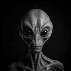 Fototapeta na wymiar Black and white photorealistic studio portrait of a Grey Alien on black background. Generative AI illustration
