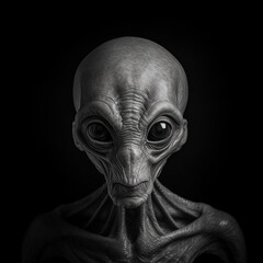 Black and white photorealistic studio portrait of a Grey Alien on black background. Generative AI illustration