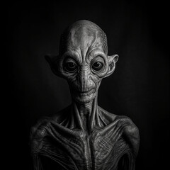 Black and white photorealistic studio portrait of a Grey Alien on black background. Generative AI illustration