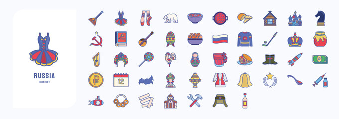 A collection sheet of linear color icons for Russia, including icons like Pancakes, Hokey and more © Icongeek26