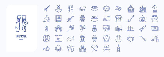 A collection sheet of outline icons for Russia, including icons like Pancakes, Hokey and more - obrazy, fototapety, plakaty