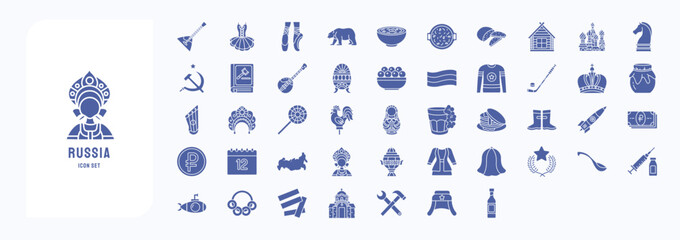 A collection sheet of solid icons for Russia, including icons like Pancakes, Hokey and more © Icongeek26