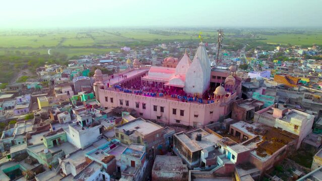 Aerial view of Holi festival celebration near Shri Nand Baba Temple, Nandgaon, Uttar Pradesh, India.
