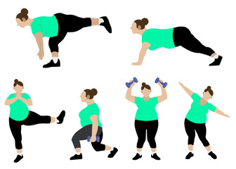 Vector art set of poses of an overweight woman doing yoga, exercising and lifting weights