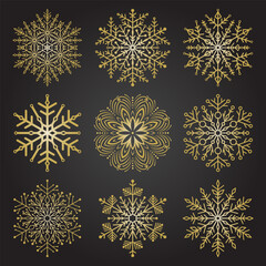Set of vector snowflakes. Collection of winter ornaments. Snowflakes collection. Black and golden snowflakes for backgrounds and designs