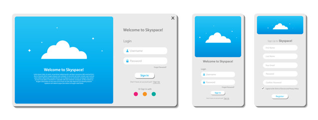 Set of Sign Up and Sign In forms. Login form page and Mobile registration. Graphical user interface for responsive mobile application and Website page