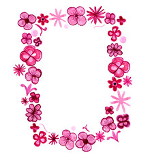 Frame of pink flowers on a white background.