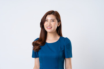 Asian girl portrait in blue dress on white background