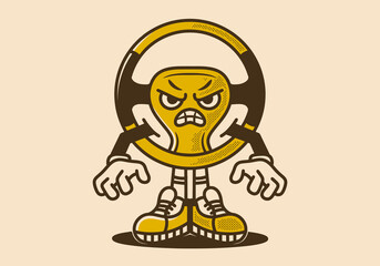 Vintage mascot character of steering wheel with an angry expression