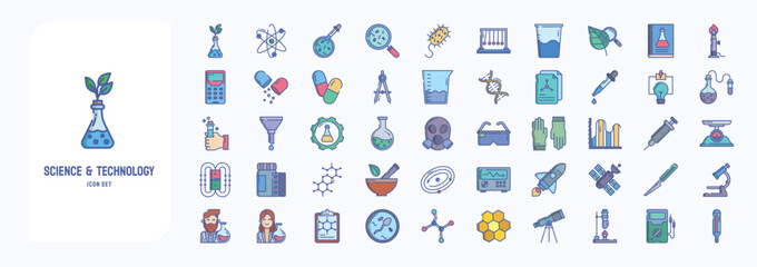 Naklejka premium A collection sheet of linear color icons for Science and technology, including icons like Agriculture, Atom, Bacteria Testing, Bacteria and more