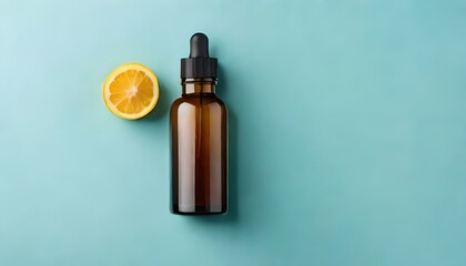 Obraz premium Flat lay of skincare essential oil bottle isolated on pastel blue background with copy space. Product presentation promotional