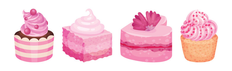 Pink Fruity Desserts with Cupcake and Cake Vector Set