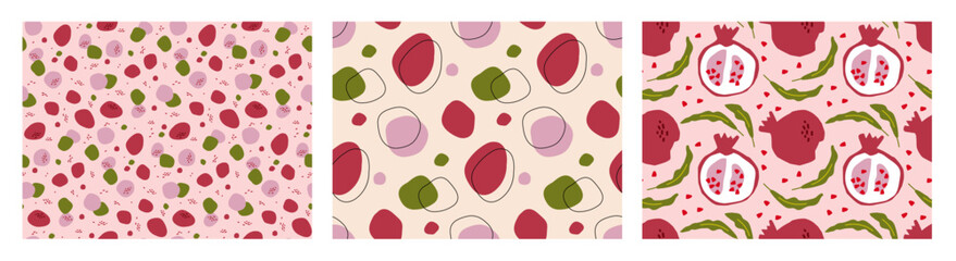 Pomegranate abstract background set. Three pattern. Seamless pattern with pomegranate and abstract spots hand drawn sketch. Backgrounds for textile, wrapping, wallpaper, cover. Modern exotic design.
