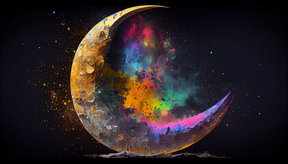 Moon in Cosmic Colors With Gold Out Line on Background AI Generative